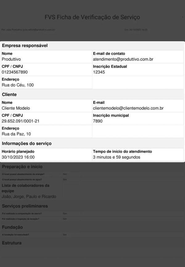 Ficha de verificação de serviço Cabeçalho