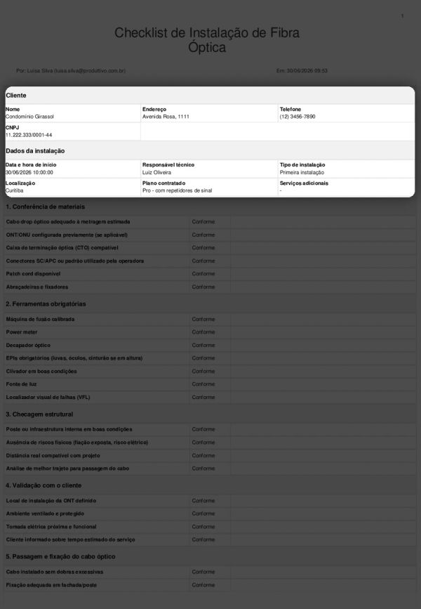 Checklist de Instalação de Redes de Fibra Óptica Cabeçalho