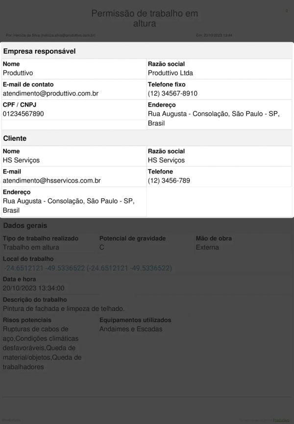 Permissão de trabalho em altura Cabeçalho