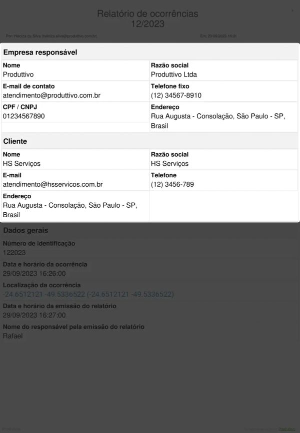 Relatório de Ocorrência Cabeçalho