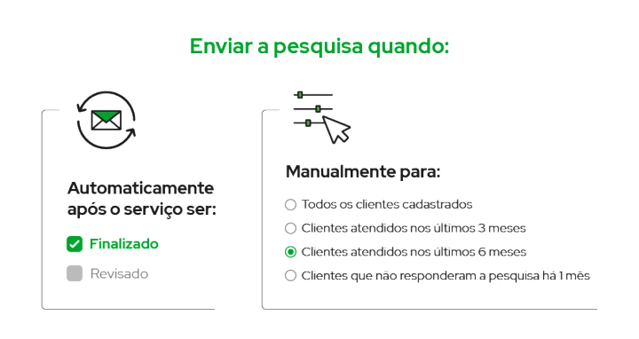 Imagem demonstrando a possibilidade de agendar e escolher formas de envio da pesquisa de satisfação