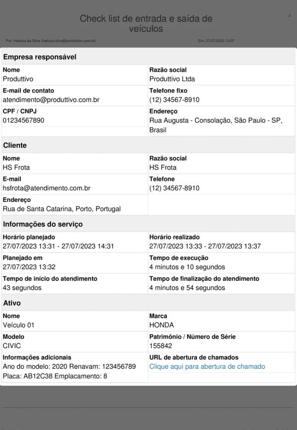 Checklist de entrada e saída de veículos Cabeçalho