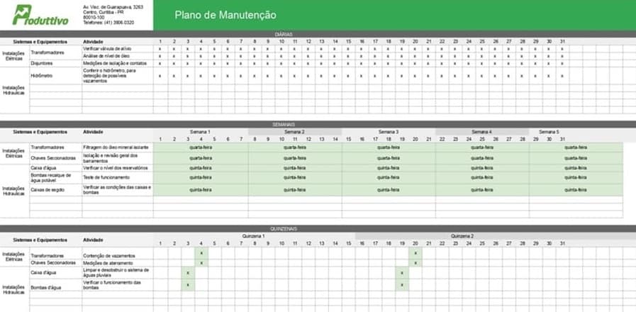 Exemplo de plano de manutenção preventiva Excel pronto para baixar gratuitamente