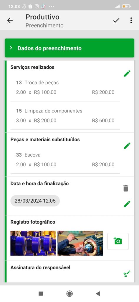 Exemplo de como funciona o preenchimento de checklists no aplicativo do Produttivo