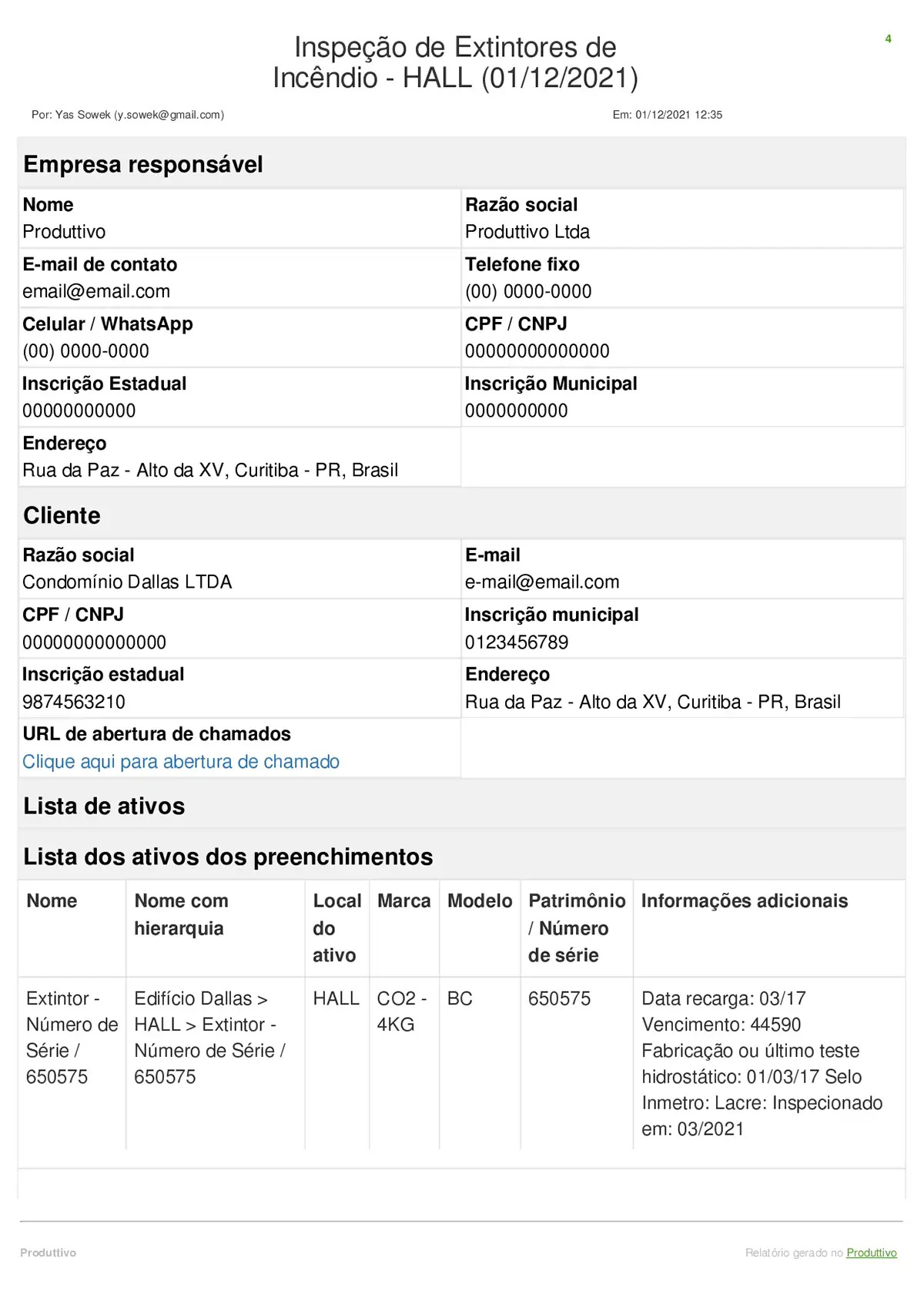 Modelo de checklist de inspeção de extintores de incêndio digital gerado no Produttivo 