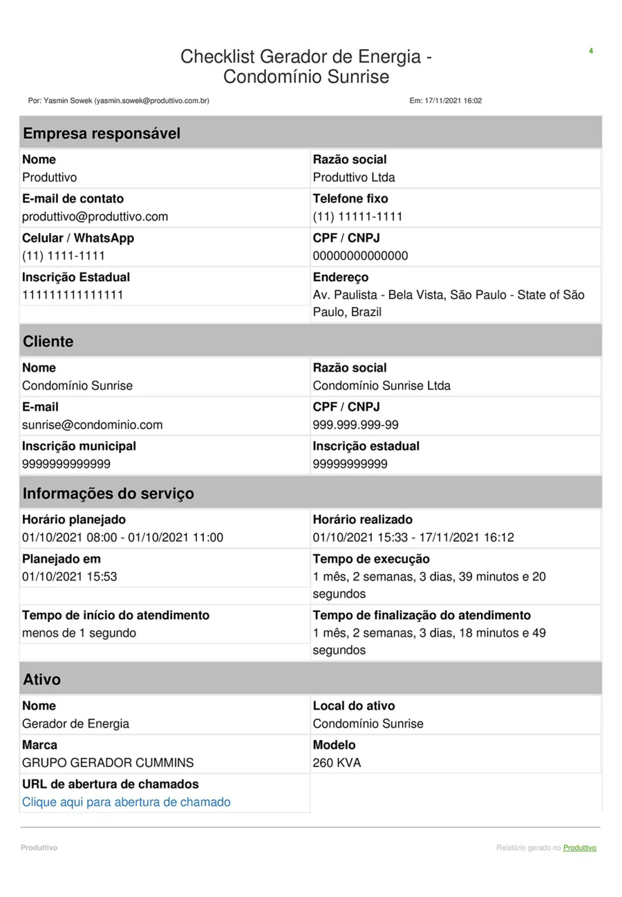 Modelo digital de Check list de gerador de energia gerado no Produttivo página 01