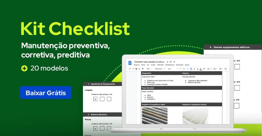 Banner convidando a conhecer e baixar os modelos gratuitos de checklist, incluindo manutenção preventiva, corretiva, preditiva e mais 20 outros checklists