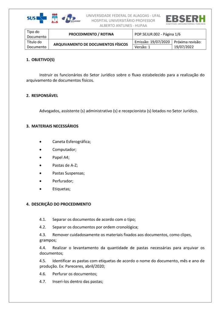 PROCEDIMENTO OPERACIONAL PADRÃO ARQUIVAMENTO 01