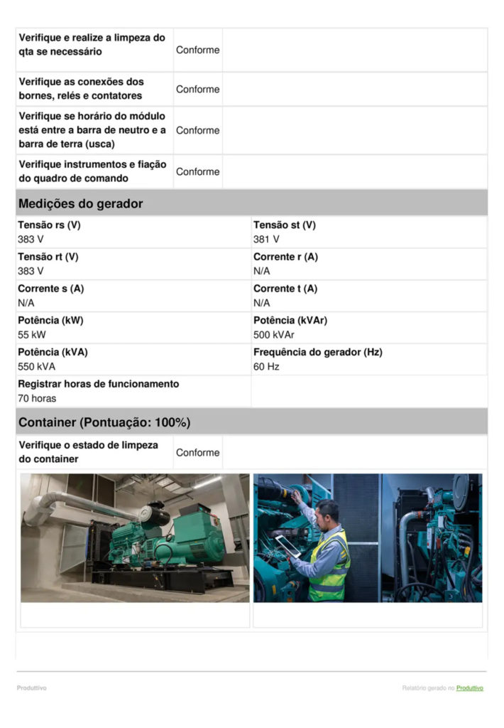 Modelo digital de Check list de gerador de energia gerado no Produttivo página 05