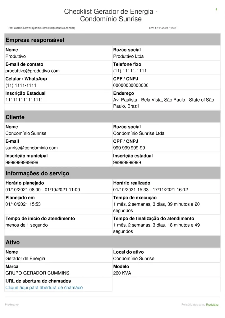 modelo de checklist de manutenção de gerador digital gerado no sistema do Produttivo página 01