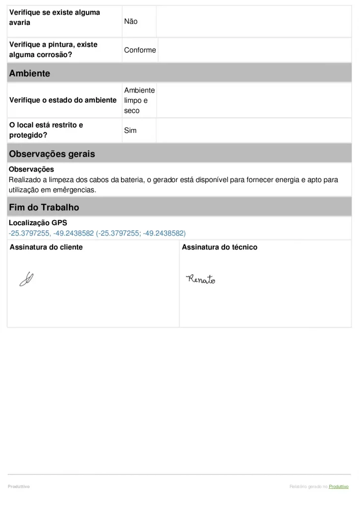 modelo de checklist de manutenção de gerador digital gerado no sistema do Produttivo página 04