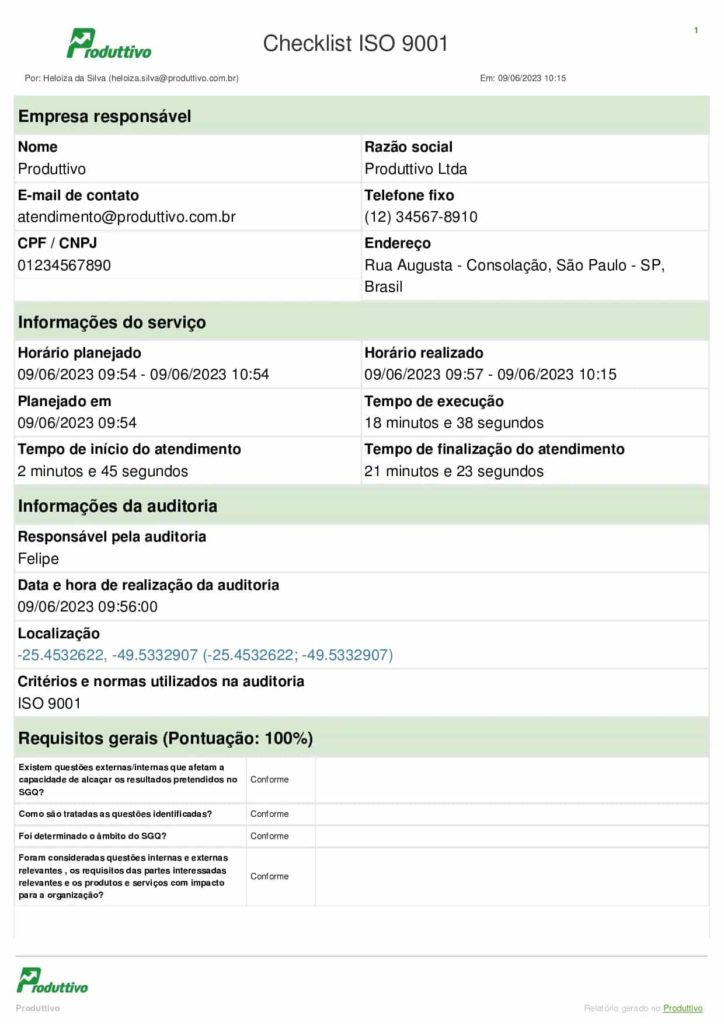 Modelo de checklist ISO digital gerado pelo Produttivo página 01