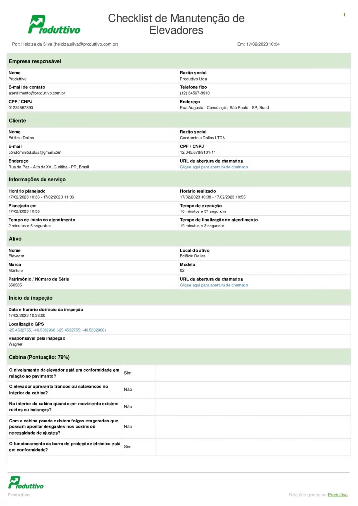 Modelo de Check list de manutenção de elevadores digital para usar no Produttivo com questões de conformidade e registros fotográficos, página 01