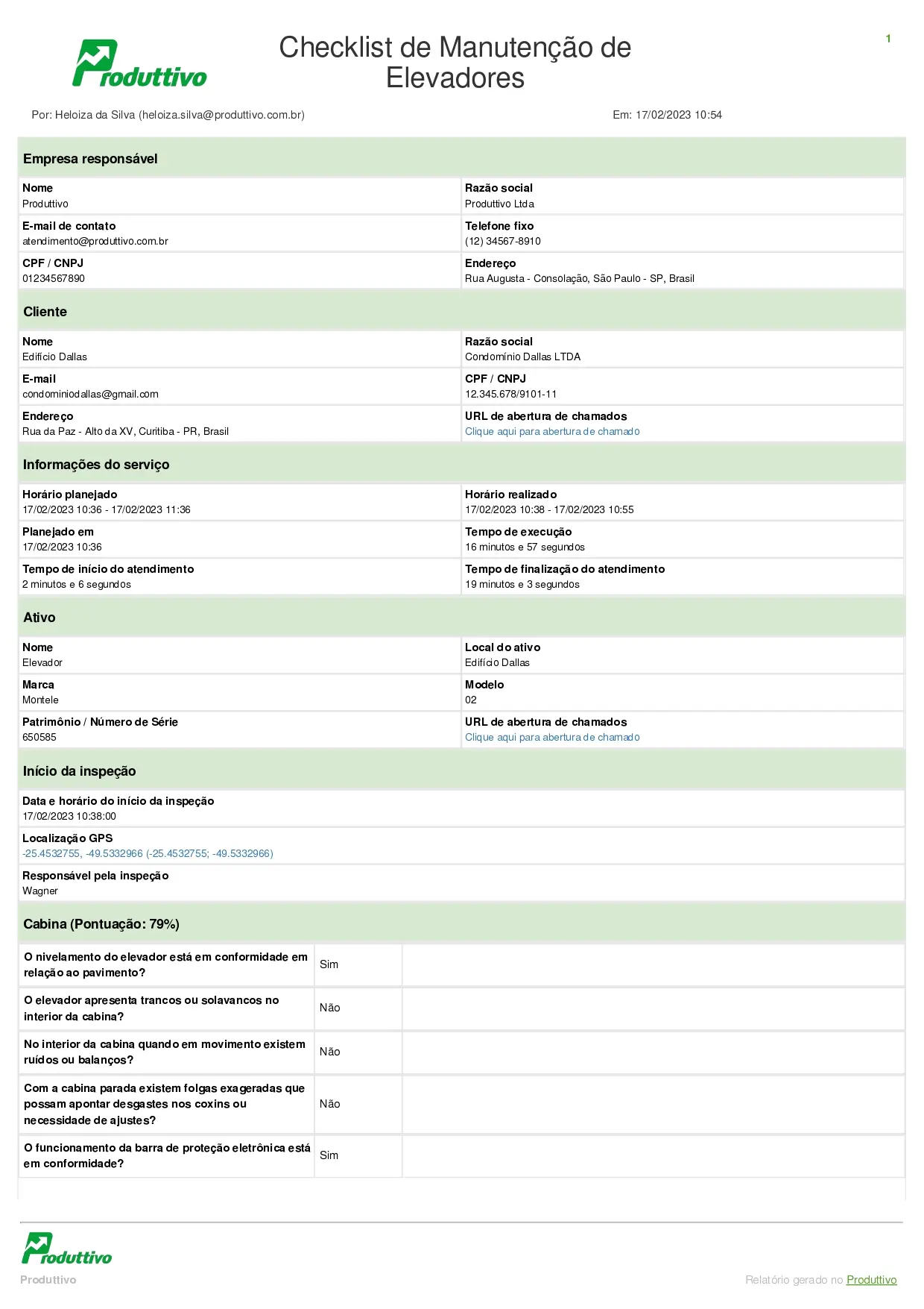 Modelo de Check list de manutenção de elevadores digital para usar no Produttivo com questões de conformidade e registros fotográficos, página 01