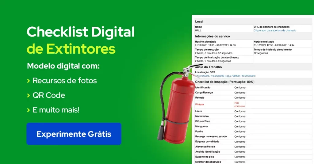 Modelo de checklist de manutenção de extintores para usar no aplicativo do Produttivo. Modelo com questões de conformidade, fotos, assinatura digital e mais