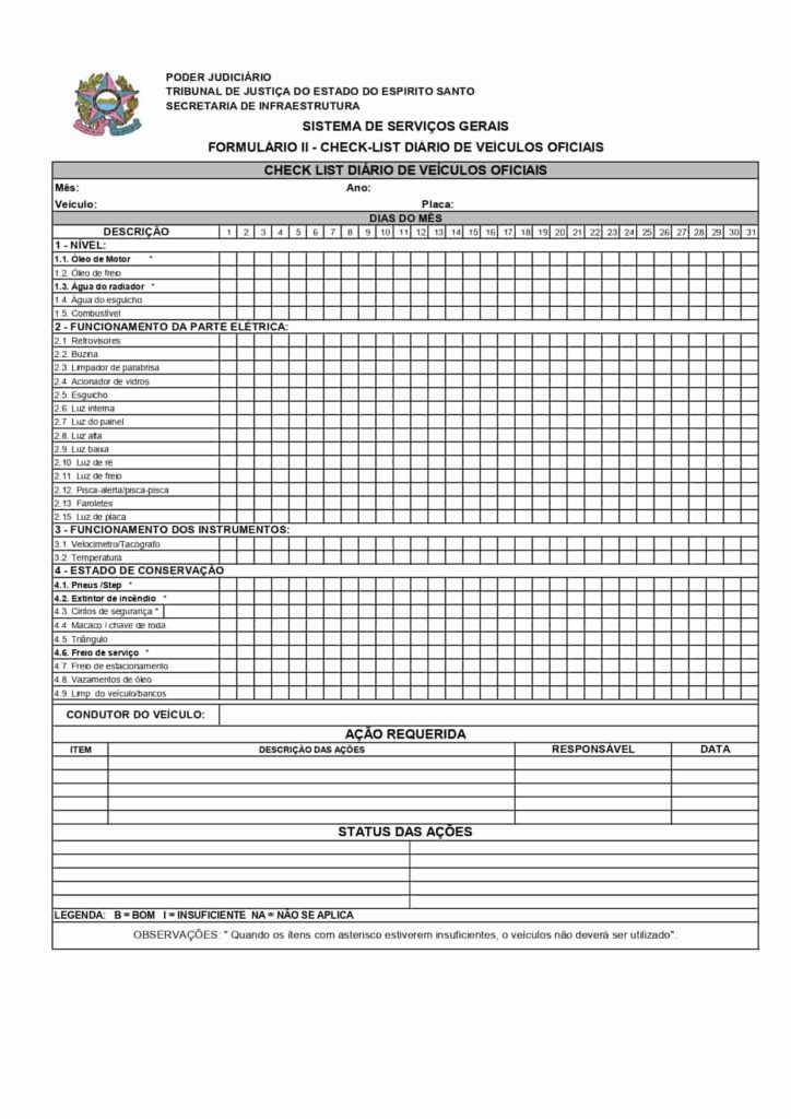 Exemplo de Check list de veículos diário