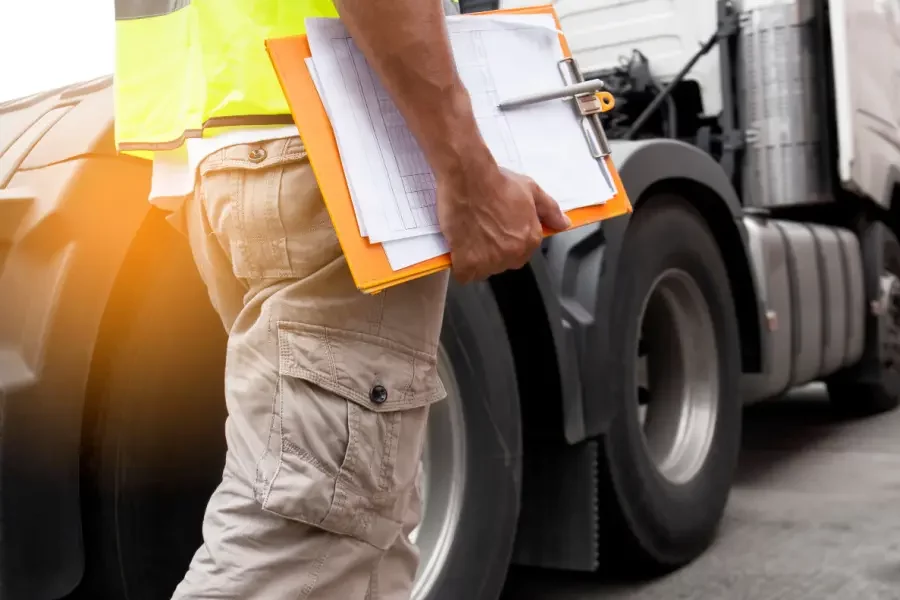 homem com uma prancheta na mão realizando a inspeção veicular de um caminhão