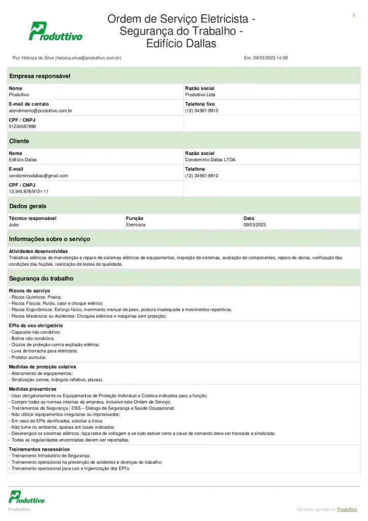 Exemplo de modelo Ordem de serviço segurança do trabalho eletricista gerado no Produttivo com campos para descrição de riscos da atividade, EPis obrigatórios, medidas de proteção coletiva e mais, página 01