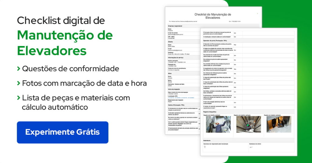 Modelo de checklist de manutenção de elevadores para ser usado digitalmente com questões de conformidade, fotos com marcação de data e hora e lista de peças e materiais com cálculo automático 
