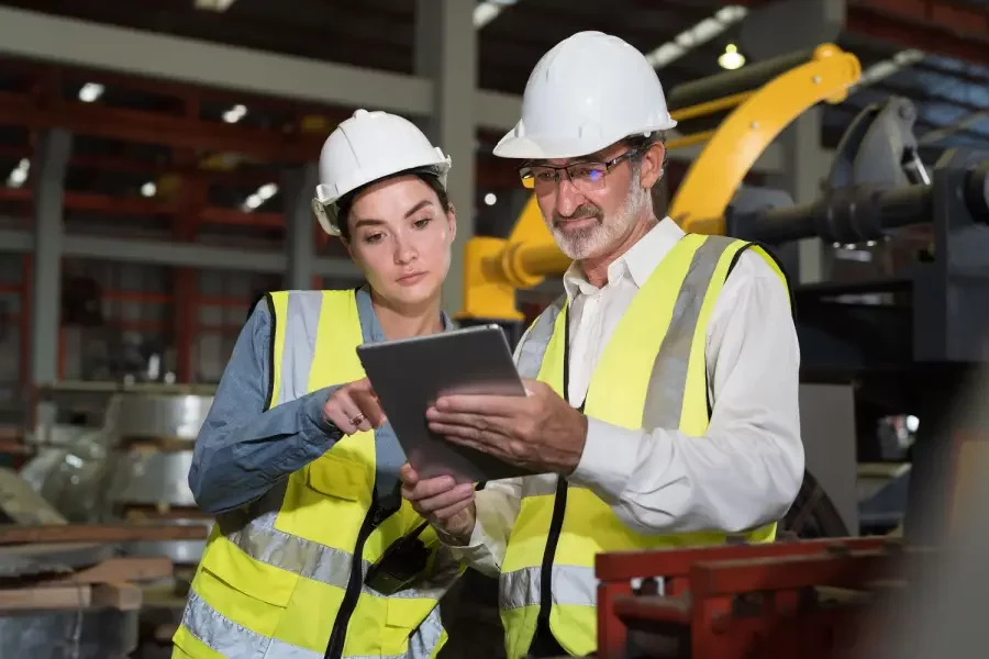 técnicos realizando o preenchimento de uma ordem de serviço em um tablet