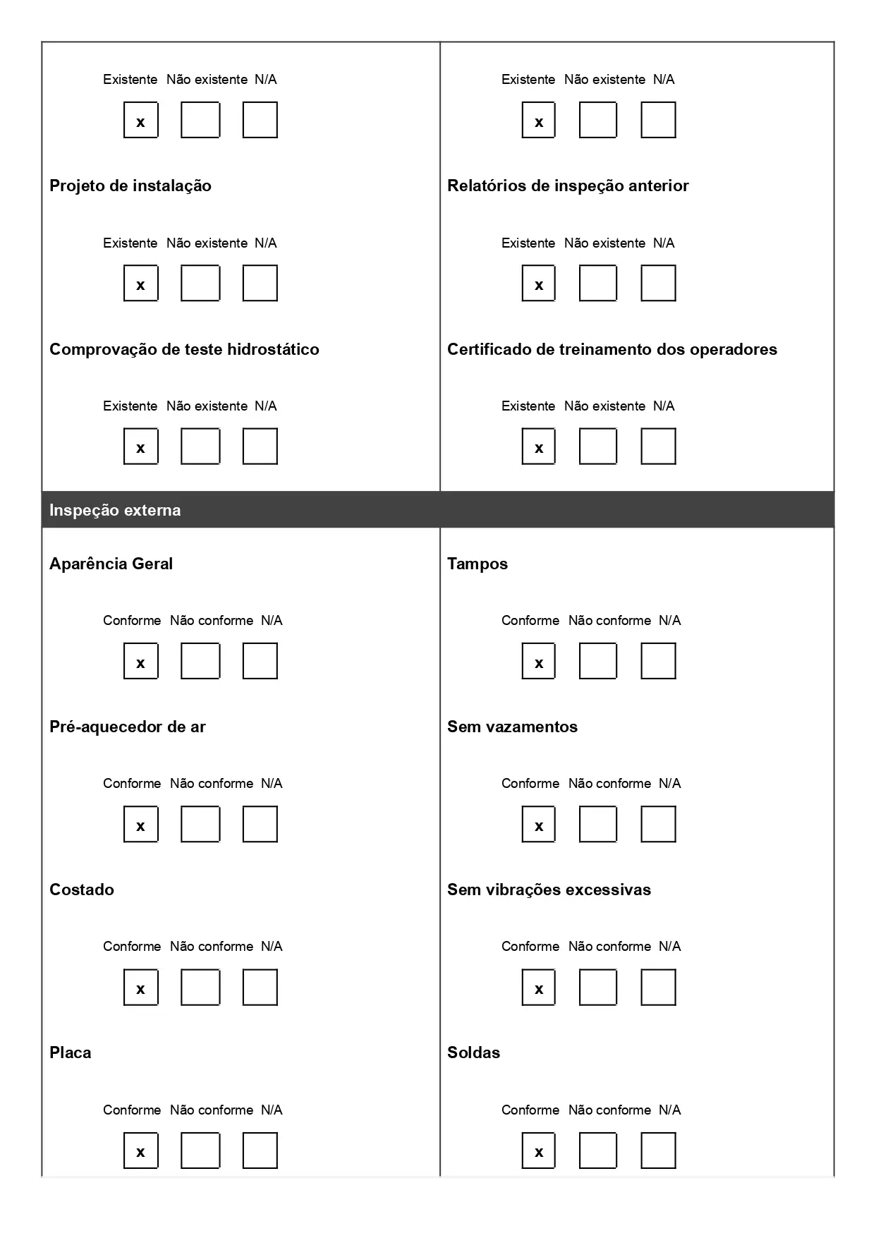 Exemplo de relatório de inspeção de caldeiras para baixar gratuitamente. Modelo com questões de conformidade e campos para fotos e observações, página 03