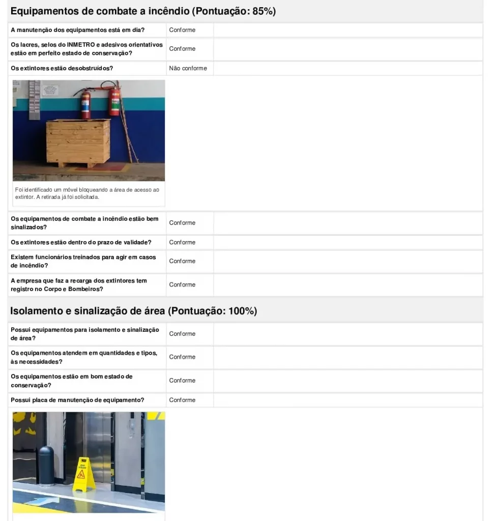 Exemplo de relatório de inspeção de segurança em formato de checklist e com registros fotográficos que comprovam as questões assinaladas no relatório 