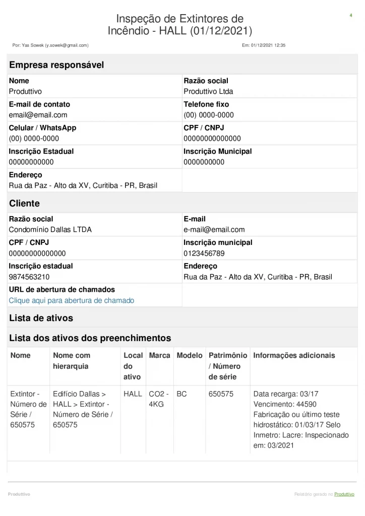 modelo de checklist de manutenção de extintores com questões de conformidade, registros fotográficos e informações do equipamento preenchidas automaticamente, página 01