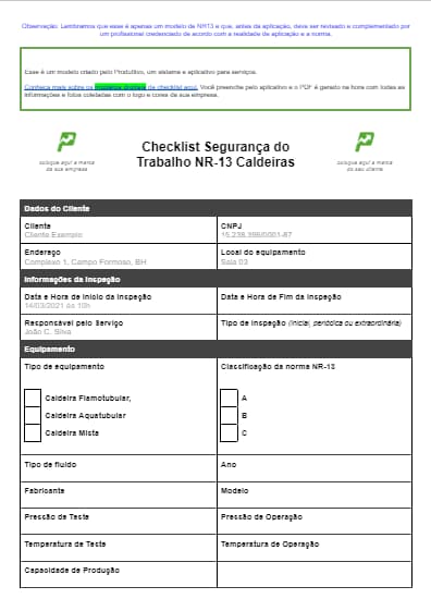 Modelo de checklist NR 13 em Word para baixar de graça, página 01