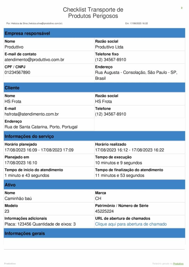 Modelo de checklist de transporte de produtos perigosos com questões de conformidade gerado no Produttivo, página 01