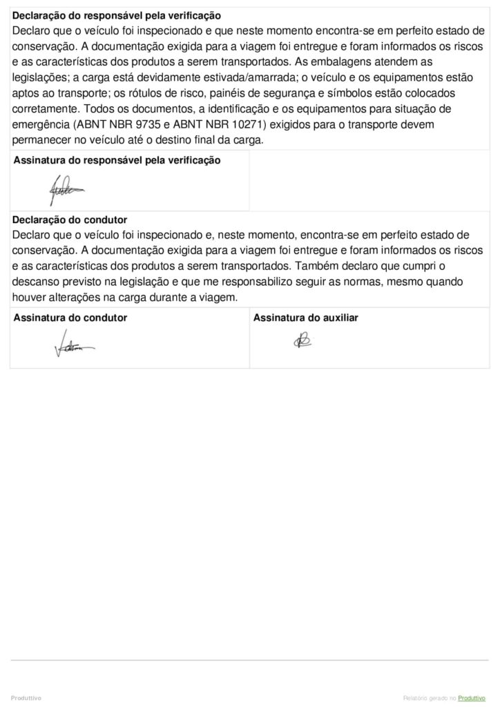 Modelo de checklist de transporte de produtos perigosos com questões de conformidade gerado no Produttivo, página 08