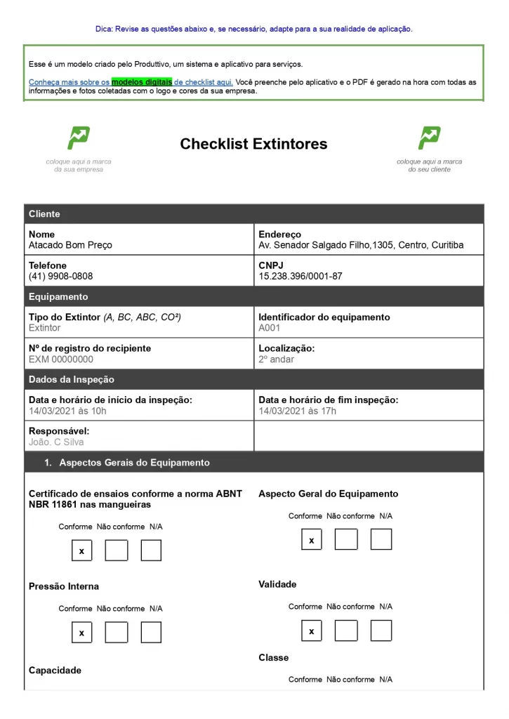Checklist de inspeção de extintores em Word para baixar gratuitamente, página 01