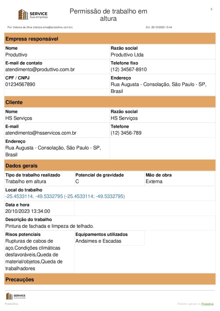 Modelo de permissão de trabalho em altura PDF para usar no sistema do Produttivo, página 01