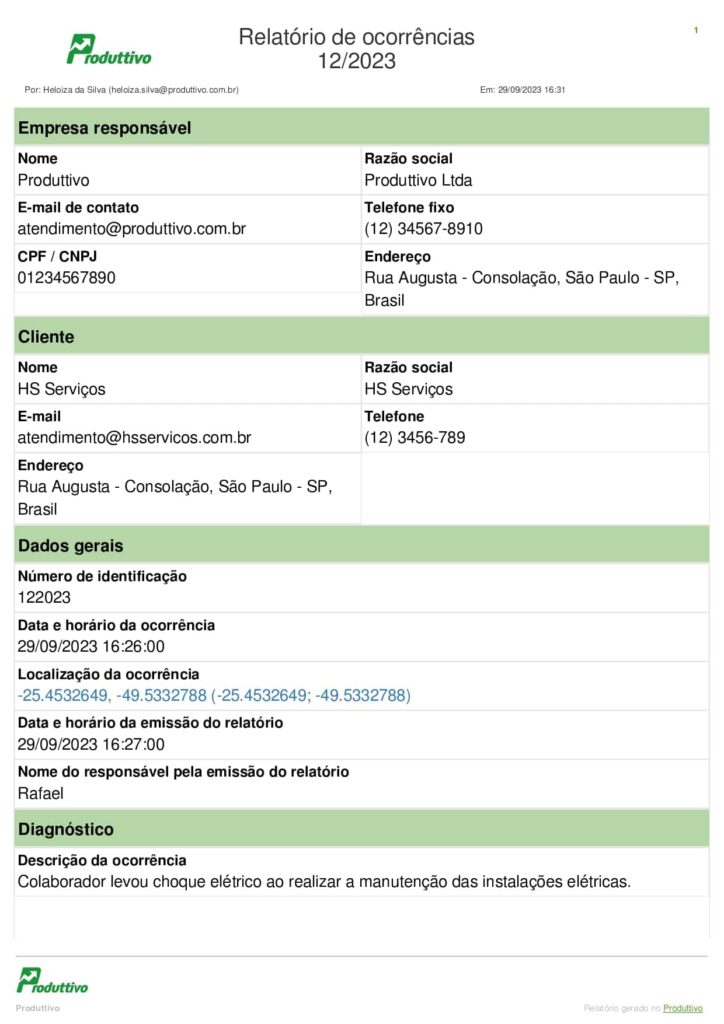 Modelo de relatório de ocorrências de segurança do trabalho digital para usar no sistema do Produttivo 01