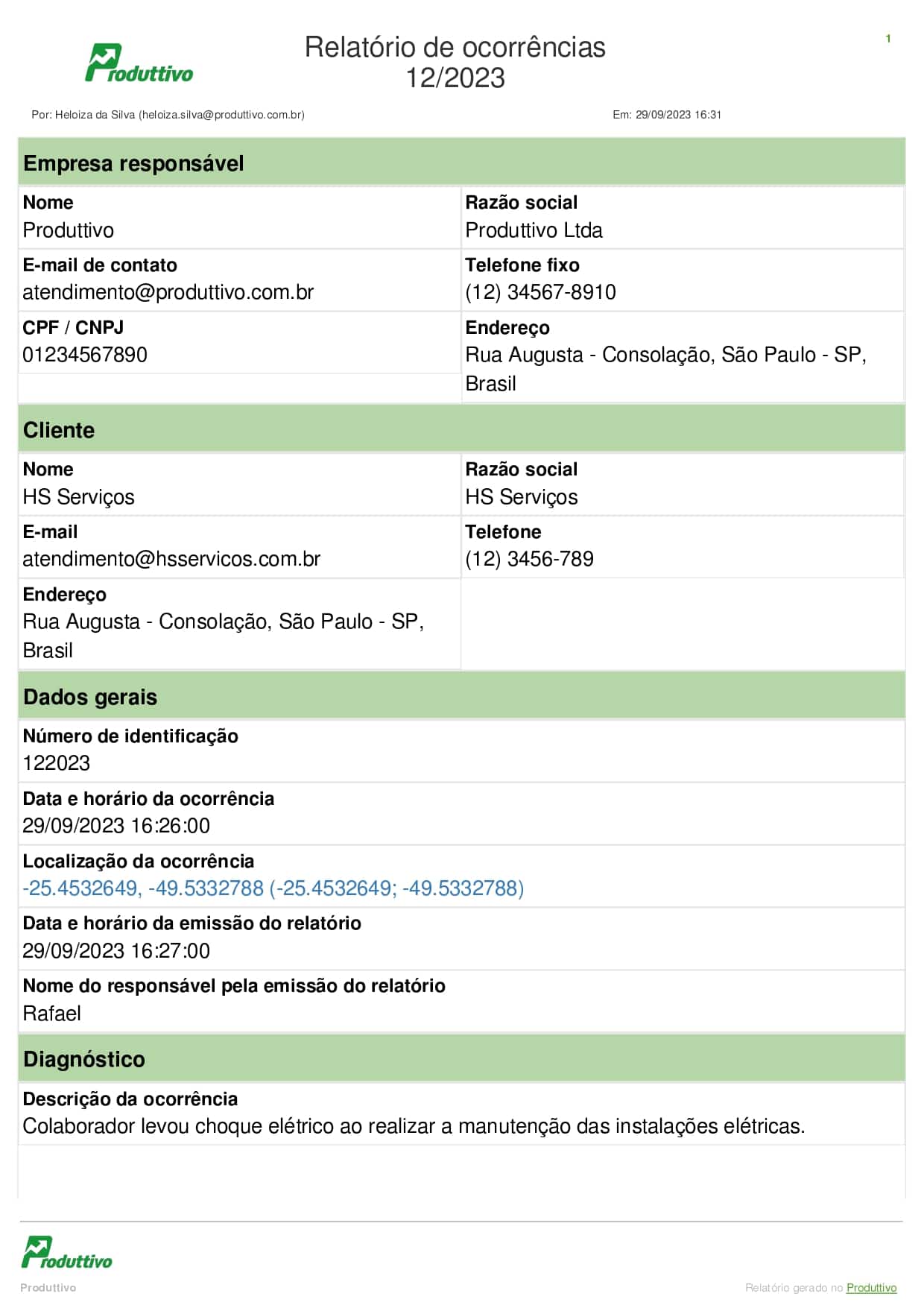 Modelo de relatório de ocorrências de segurança do trabalho digital para usar no sistema do Produttivo 01