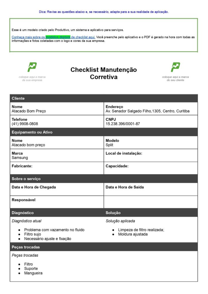 Relatório de manutenção corretiva Word pronto para baixar de graça, página 01