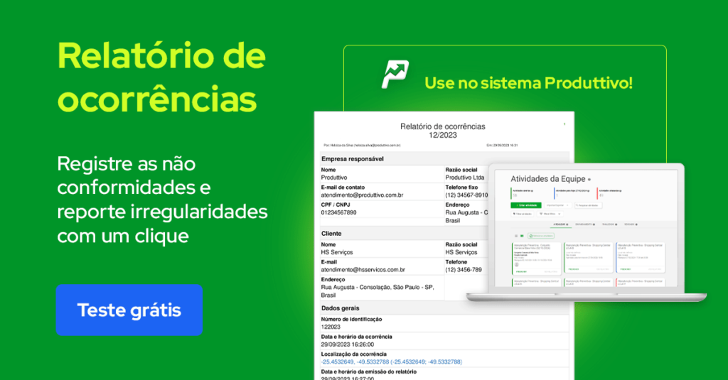 Banner convidando a conhecer o modelo digital de Relatório de Ocorrências com opção para teste grátis e imagem do relatório preenchido