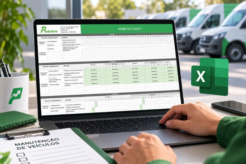 Planilha de manutenção de veículos em Excel exibida em notebook, com controle de atividades e frota de veículos ao fundo.