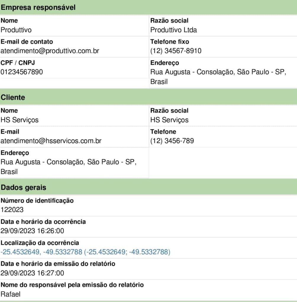 Exemplo de dados de identificação presentes no relatório de ocorrências