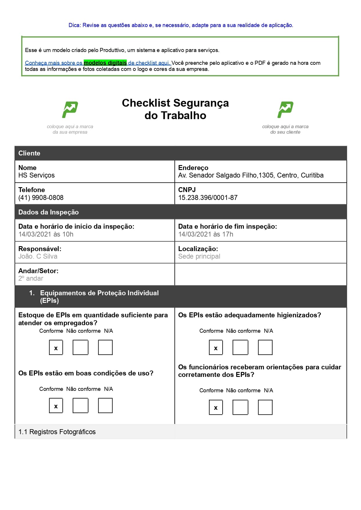 Modelo de checklist de segurança do trabalho pronto bara baixar de graça, página 01