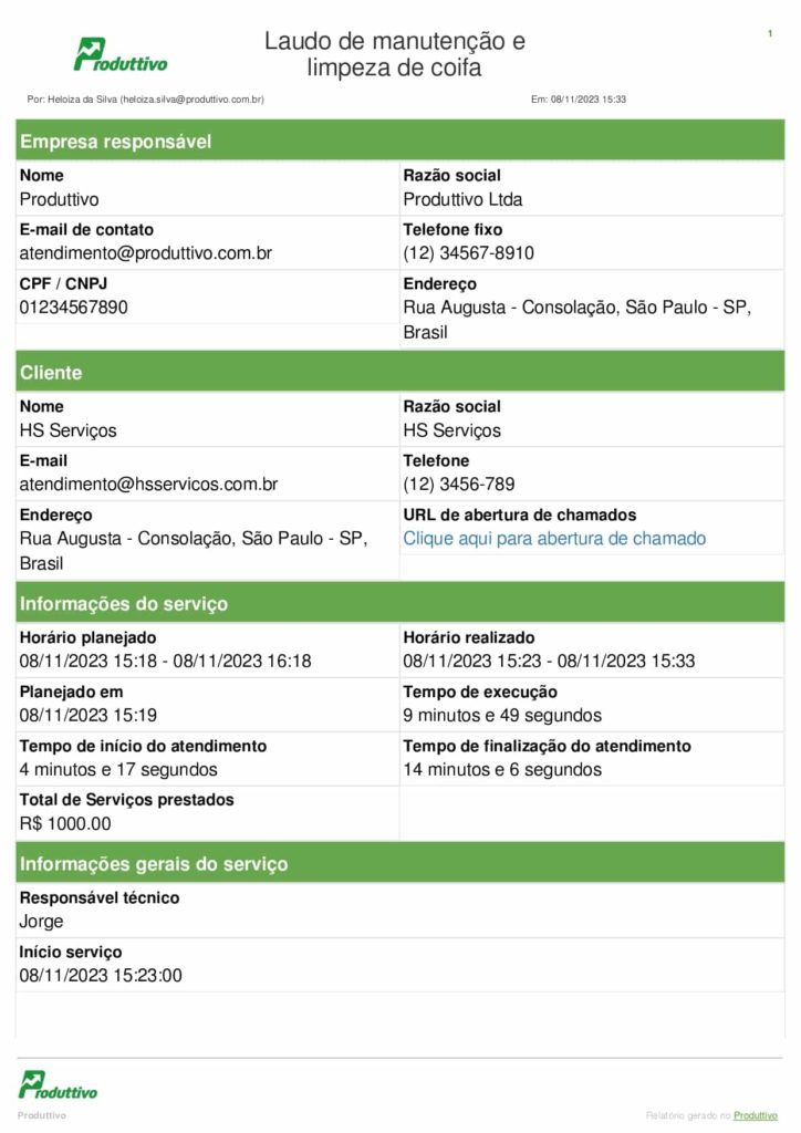 Exemplo de relatório para manutenção e limpeza de coifa gerado no Produttivo 01