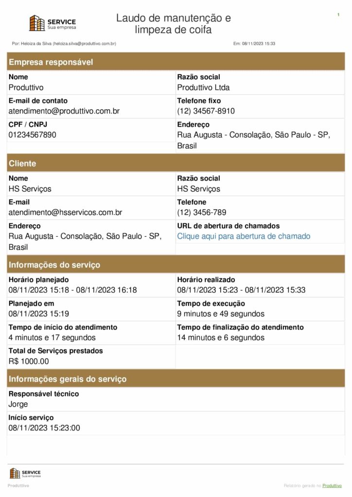 Laudo de limpeza de coifa pdf gerado no Produttivo, página 01