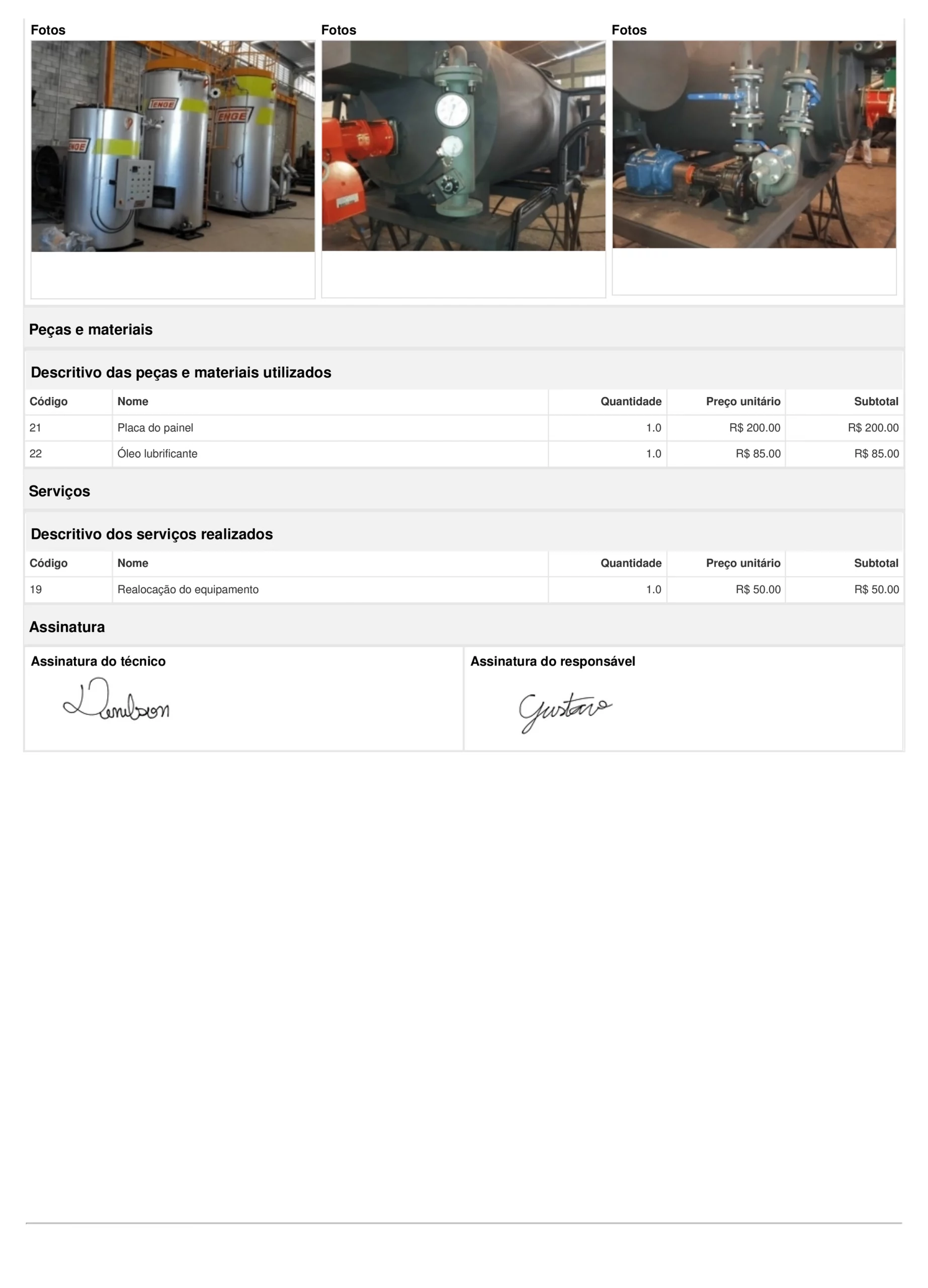 Modelo de relatório de não conformidade digital para descrição dos problemas, inclusão de fotos e lista de peças, materiais e serviços realizados calculada automaticamente, modelo gerado pelo aplicativo do Produttivo, página 02