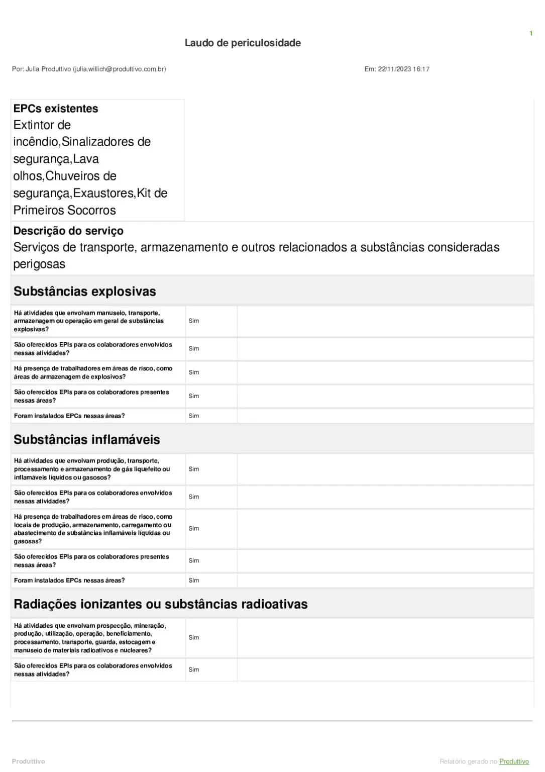 Modelo de laudo de periculosidade digital pronto para usar e editar no sistema do Produttivo 02