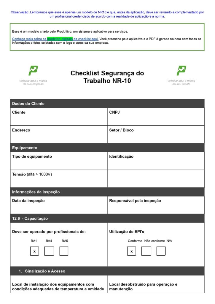 Modelo de checklist NR 10 em Word para baixar de graça 01