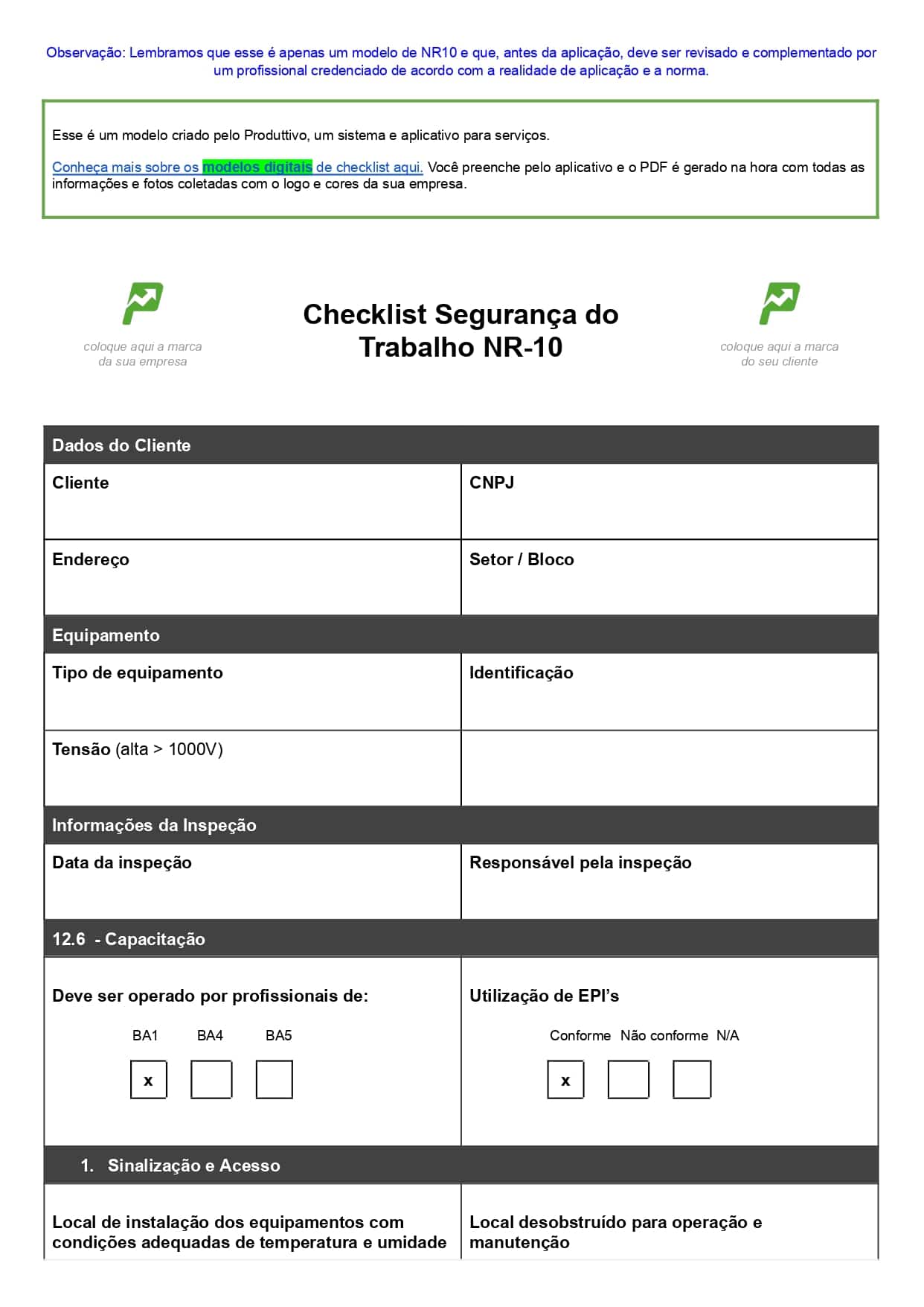 Modelo de checklist NR 10 em Word para baixar de graça 01