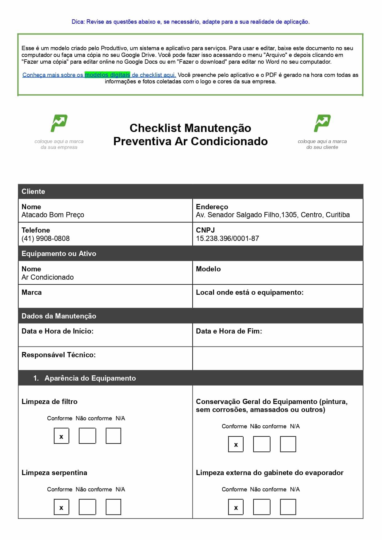 Checklist de manutenção de refrigeração em Word para baixar de graça 01