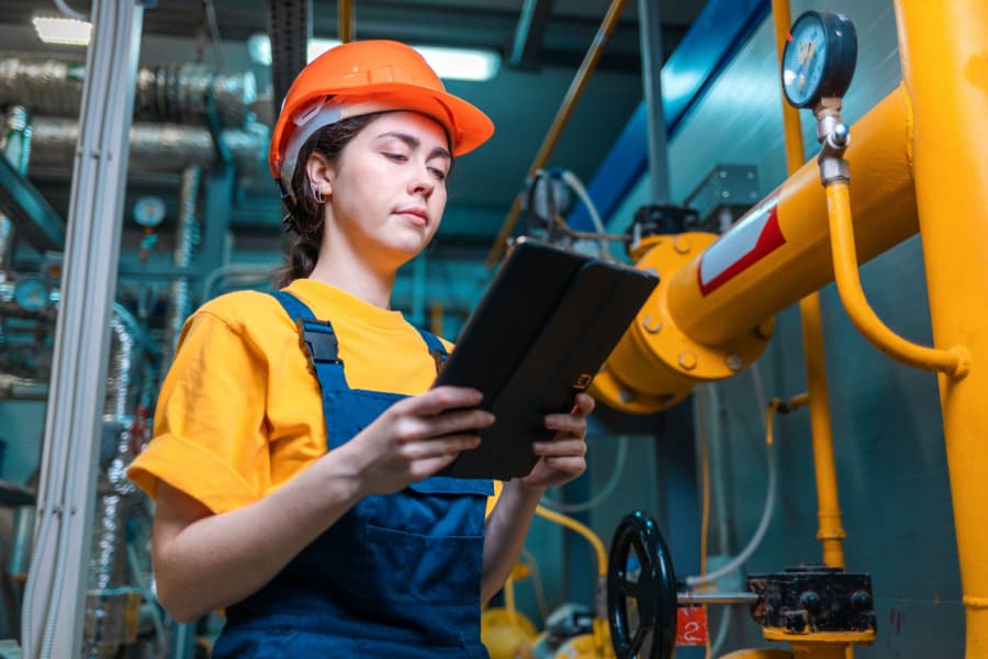Técnica realizando inspeção de vasos de pressão