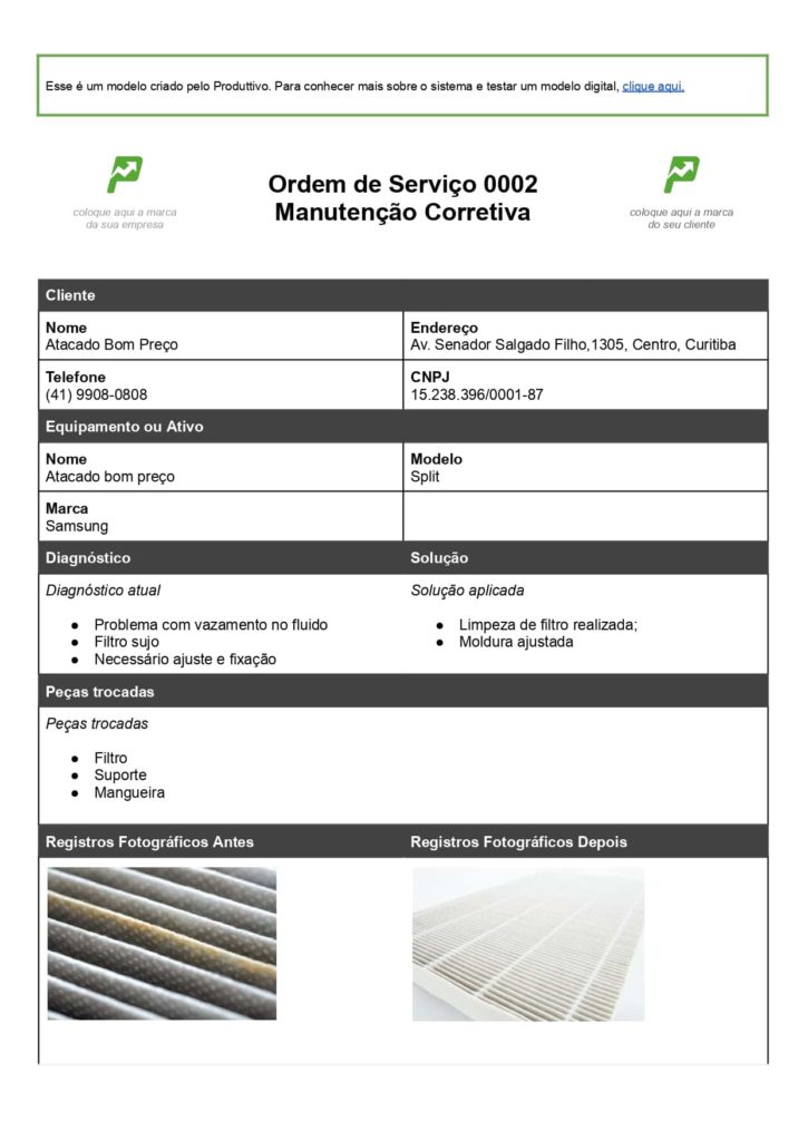 Ordem de serviço de manutenção corretiva Word modelo pronto para baixar de graça, página 01