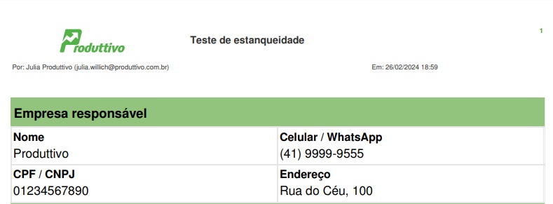 Exemplo de personalização do laudo de estanqueidade feita no sistema do Produttivo
