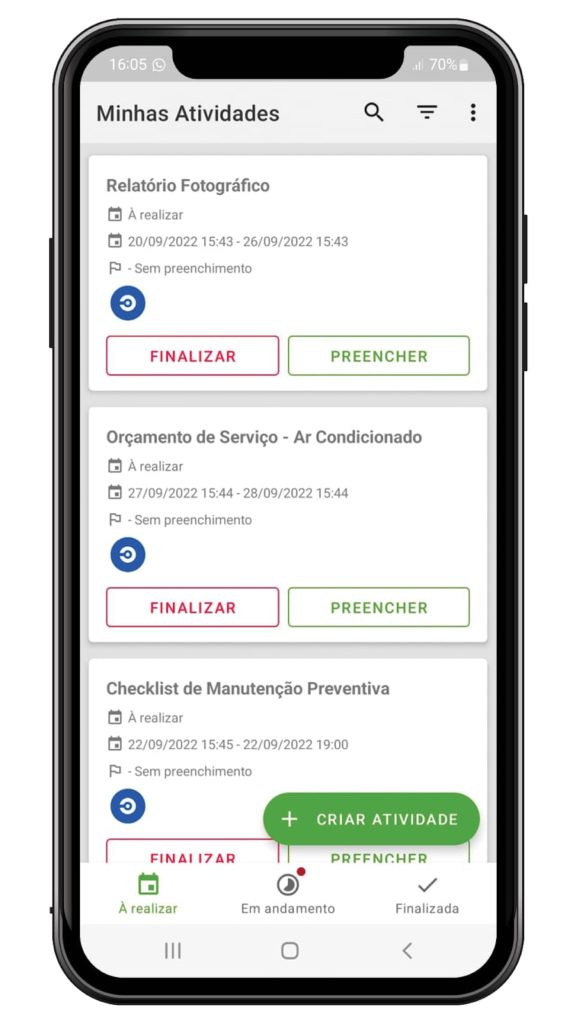 Exemplo de como acontece o preenchimento do laudo de estanqueidade no aplicativo do Produttivo